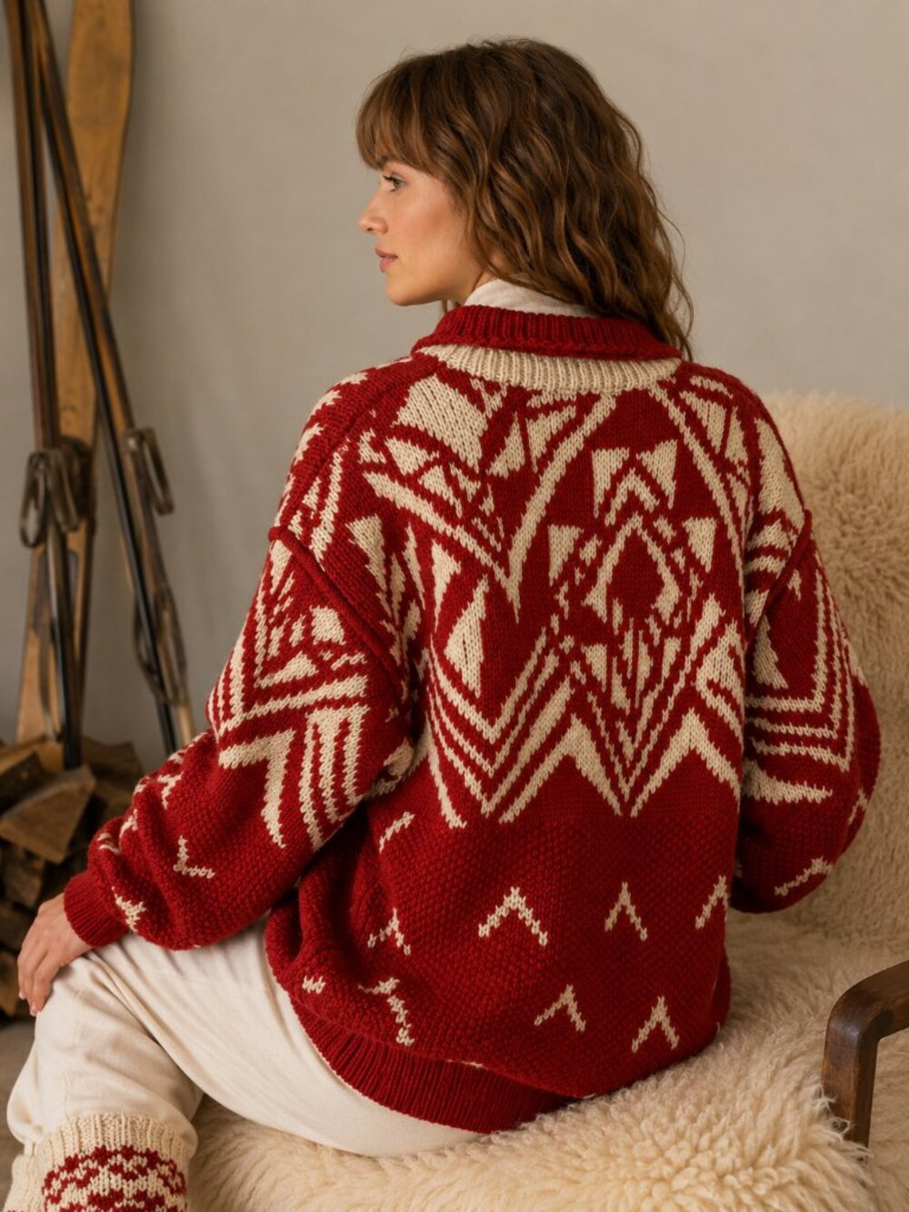 Boston Traders Vintage Geometric Wool Sweater Red Ivory Collared Chunky Knit - Picture 2 of 7